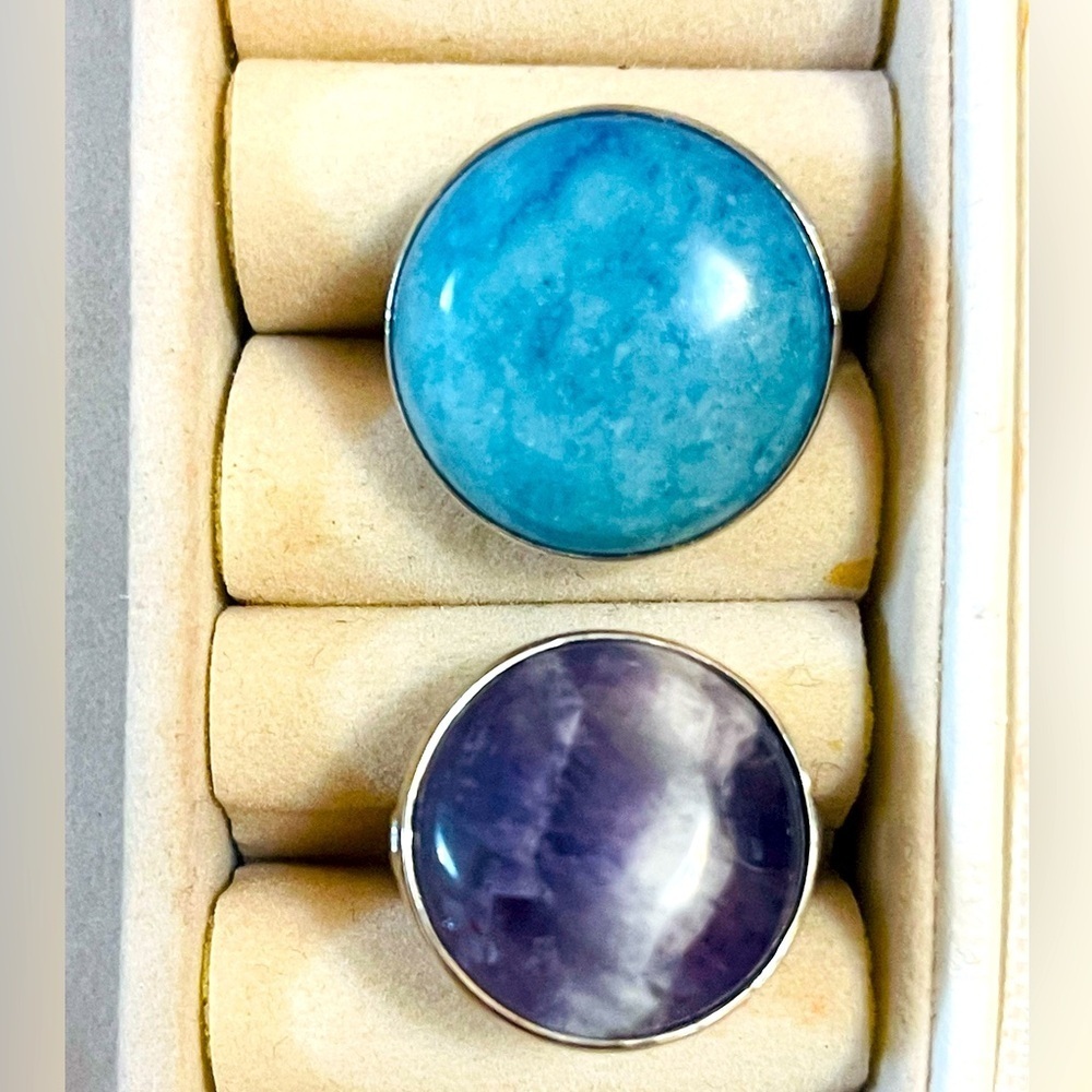 Lot Of 2 Silver Plated aquamarine/ amethyst emstone Ethnic Ring Jewelry Adjust